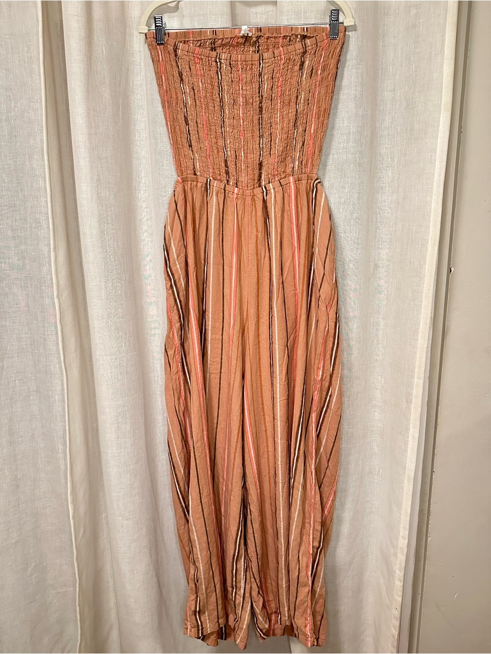 aerie XL Boho Strapless Smocked Wide-Leg Striped Linen Blend Jumpsuit Vacation - Picture 3 of 10